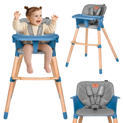 A collage of a baby high chair, with one image showing a baby sitting in it.