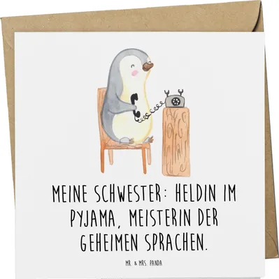 Produktbild von Mr. & Mrs. Panda Klappkarte Schwester Heldin - Weiß - Geschenk, Geheimsprache, Familie, anlasskarte, Grußkarte, Freude, Geschwisterliebe, handgemacht, faltkarte