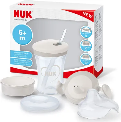 Produktbild von NUK 10255523 3-in-1 Trinklernset, Trainer Cup-Learner Cup (ab 6 Monaten), Magic Cup 360° (ab 8 Monaten), Action Cup (ab 12 Monaten), 230 ml, -frei, grau & weiß
