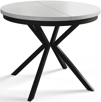 Produktbild von Esstisch Rund Bergo, Esstisch Ausziehbar 90-170 cm, Moderner Wohnzimmertisch, Weiß mit Metallbeinen in Schwarz