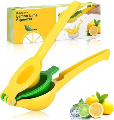 Imagen del producto de Citruspers, aleación de aluminio 2 en 1, exprimidor manual, dispositivo portátil para zumo de cítricos, resistente a la corrosión, apto para lavavajillas, color amarillo