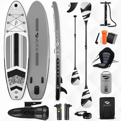 Obrázek produktu pro Stand Up Paddle Board 320cm s elektrickým motorem a kajakovým sedadlem, pádlem a dvojitým pádlem SUP surfovací prkno nafukovací surfovací prkno - Pro grey