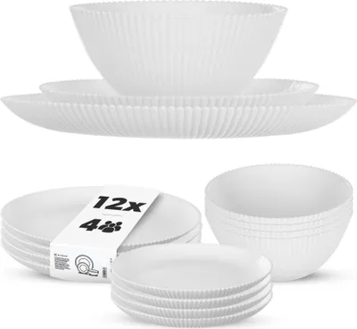 Produktbild von KADAX Geschirrset für 4 Personen, 12-teilig, weiße Tafelservice aus Opalglas mit Suppenschalen, Speisetellern & Desserttellern, Spülmaschinenfest (Weiß XL)
