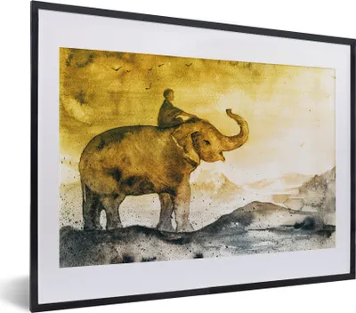 Produktbild von MuchoWow® MuchoWow® Gerahmtes Poster Elefant - Kind - Berg - Aquarell 40x30 cm - Poster mit zchwarzem Bilderrahmen - Bilderrahmen - Poster im Rahmen
