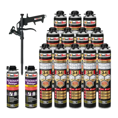 Produktbild von Isolbau Mauermörtel Pistolenschaum SET - Teflon Schaumpistole, 2 x PolyurethanReiniger Montageschaum Klebeschaum PolyurethanMörtel 12 x 750ml
