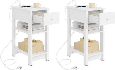 Obrázok produktu pre Nočný stolík s nabíjačkou, úzky, biely, 2x USB, moderný
