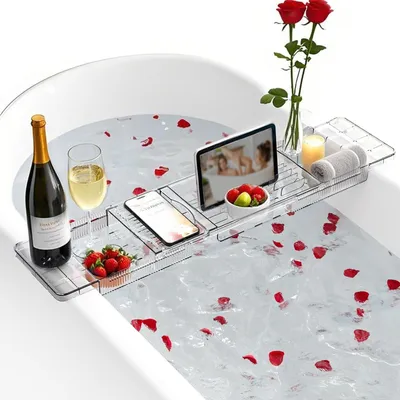 Produktbild von Badewannenablage Badewannentablett, Ausziehbare, Badewannen Zubehör, Badewannen Caddy Acrylmaterial, Badewannen Organizer, für die meisten Badewannen