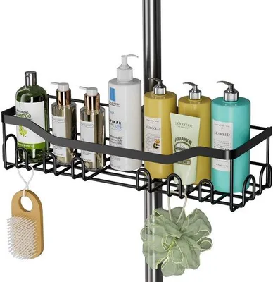 Image de Étagère de douche Unyqoos® en acier inoxydable (304) – Fixation sans perçage et réglable en hauteur pour barres de douche de diamètre 18 à 25 mm, dimensions 38 x 12 x 7,5 cm, avec grille de drainage et crochets