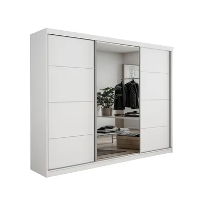 Produktbild von Schiebetürenschrank 250 cm breit mit Spiegel, 3 Türen und dekorativen streifen – Weiß