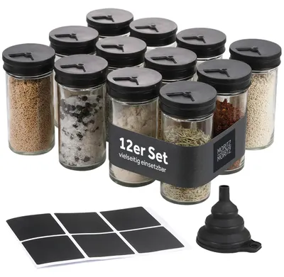 Productafbeelding van Moritz & Moritz kruidenpotjes, set van 12, 80 ml - Glazen kruidenpotjes met zwarte afwerking