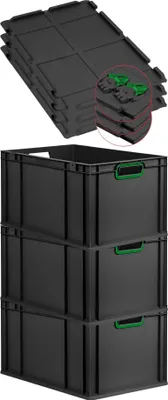 Produktbild von SuperSparSet 3x Eurobox NextGen Color mit Scharnierdeckel und Schiebeschnappverschlüssen | HxBxT 32x40x60cm | 65 Liter | Schwarz | Griffe grün offen | Verstärkter Boden | Eurobehälter, Transportbox, Transportbehälter, Stapelbehälter