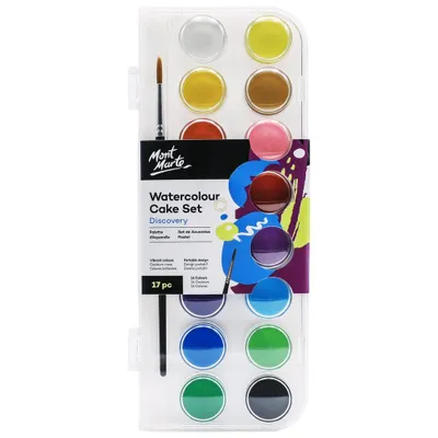 Produktbild von Mont Marte Aquarellfarben Wasserfarben Set – 16 Farben mit Nylonpinsel – hoch pigmentiert, leicht mischbar – Ideal für Einsteiger & kreative Projekte