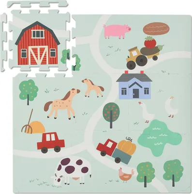 Zdjęcie produktu dla Mata puzzlowa Relaxdays, 21 elementów. Mata do zabawy dla niemowląt, motyw farmy ze zwierzętami, pianka wolna od substancji szkodliwych, mata dla dzieci, kolorowa