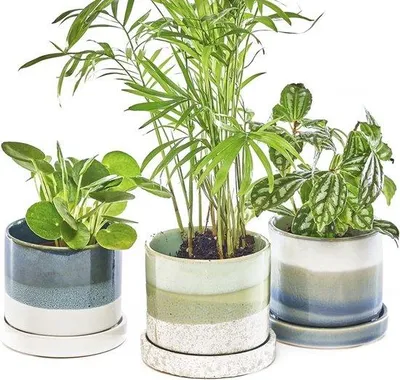 Obrázek produktu pro Sada tří keramických květináčů – elegantní a stylové květináče pro pokojové rostliny a květiny, vhodné pro použití v interiéru i exteriéru – zelené a modré barvy