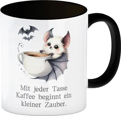 Produktbild von niedliche Fledermaus mit Kaffeetasse Kaffeebecher in schwarz mit Spruch Jede