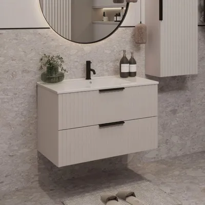 Produktbild von Waschbeckenunterschrank TIBU mit Waschbecken Badezimmer 2 große Schubladen Softclose Badmöbel Kaschmir 80x50x46