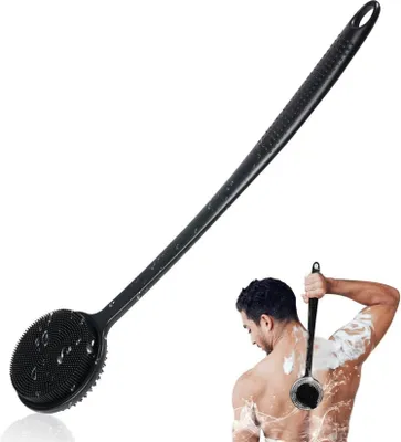 Image de Lave-personne en silicone avec long manche et brosse de douche double face - massage et exfoliation, mousse riche
