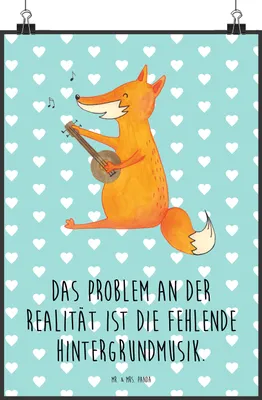 Produktbild von Mr. & Mrs. Panda Bild Fuchs Gitarre DIN A0 - Türkis Pastell - Geschenk, Musik, Wandbild, wanddeko, Musiker, Optimistisch, drucke, Posterdruck, Singen, Plakat