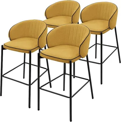 Produktbild von Barhocker 4er Set Senf mit Stoffbezug, 76 cm hoch, Gepolsterte Barstühle mit Stahlgestell, Küchenstühle mit Rückenlehne und Fußstütze, Tresenhocker Bistrohocker Thekenhocker Küchenhocker