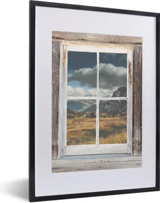 Produktbild von MuchoWow® Gerahmtes Poster Aussicht - Berg - Holz 30x40 cm - Poster mit Schwarzem Bilderrahmen Wandposter Rahmen Foto Bilder - Wandposter Schlafzimmer