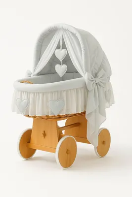 Obrázek produktu pro Proutěná kolébka - Ručně tkaná postýlka - přírodní dřevo, bezpečné a prodyšné ložní prádlo, s kapucí