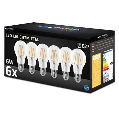 Produktbild von MasterLED E27 A60 Filament 3-Dimm LED - 6W 650lm - Leuchtmittel - 2700K Warmweiß Klar – 6er Set
