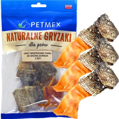 Obrázok produktu pre Pochúťka, prírodné žuvacie sústa pre psov, bravčové uši obalené v treske, Petmex, 3 ks.
