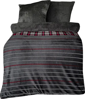 Produktbild von Teddyplüsch Bettwäscheset 220x240 cm Anthrazit Bordeaux Schwarz Streifen Kariert mit Reißverschluss