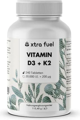 Immagine prodotto di Compresse di vitamina D3 + K2 - 20.000 U.I. + 200mcg - 100% puro e ad alto dosaggio - 1x barattolo (240x compresse D3+K2)