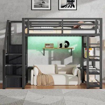 Produktbild von okwish Einzelbett 140×200 mit Schränken und LED, Hochbett mit Ablagefächern und Sicherheitsgeländer,Jugendbett in Schwarz,ohne Matratze