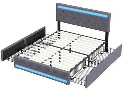 Obrázok produktu pre Postel s úložným priestorom – čalúnená dvojlôžková posteľ 160x200 cm – LED osvetlenie s USB portom – 4 zásuvky – čalúnená hlavica s opierkou – tmavošedá farba