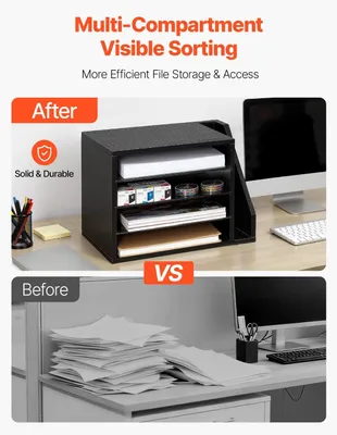 Produktbild von Literature Organizer, 4 Compartments Office Mailbox with Detachable Shelves, Wooden Mailbox Sorter with Side Vertical Storage, Countertop Office Home Organizer for File, Document, Paper, Black