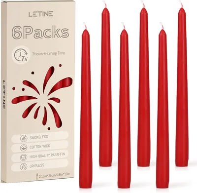 Image de 6 bougies en forme de bâtonnets, durée de combustion de 7 heures, couleur rouge, 25 cm, sans parfum
