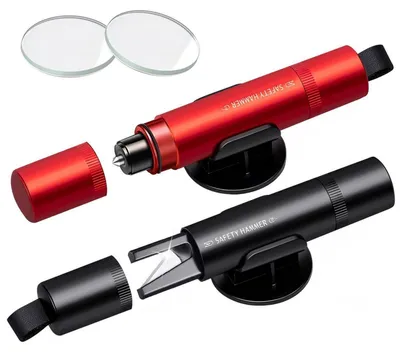 Produktbild von 2 Stück Auto Sicherheitshammer mit Gurtschneider & Fensterbrecher (2 in 1) - Nothammer für Auto, Bus, LKW (Schwarz/Rot)