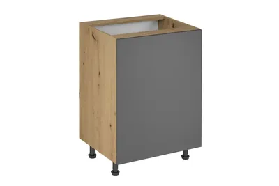 A single kitchen cabinet base unit with a wood-effect side and a grey front, raised on four black legs. The top is open.