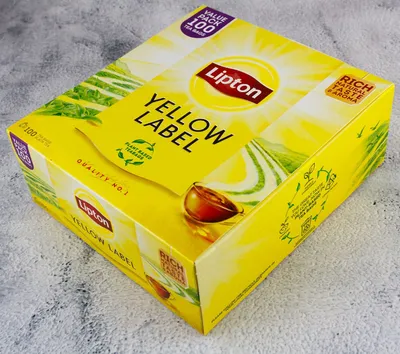 A box of Lipton Yellow Label tea bags.