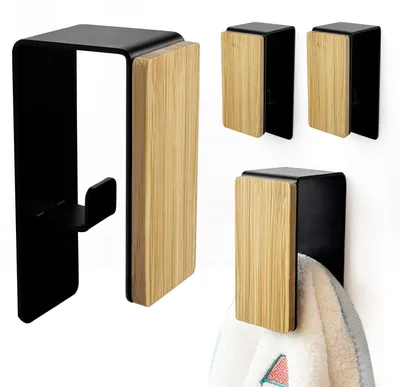 Produktbild von Schwarze Handtuchhaken (4er-Set) – kein Bohren erforderlich, selbstklebende Handtuchhaken, selbstklebende Badhaken mit starker Klebekraft, zeitloses Design
