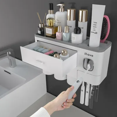 Produktbild von Zahnbürstenhalter Wand mit Zahnpastaspender & Schublade, Organizer Set Weiß inkl. 3 Becher