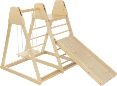 Produktbild von Joyz 3in1 Klettergerüst Set Indoor mit 2 Kletterleitern, Kletterbrett/Rutschbrett und Schaukel, aus Holz, 121x127x112 cm, für Kinder ab 3 Jahren