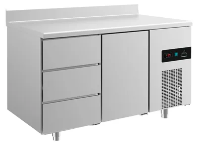 Produktbild von Gastro Kühltisch | Edelstahl | 1 Tür / 3 Schubladen | Aufkantung | 1400 x 700 x 850 mm | -2 / +8 °C | 281 Liter