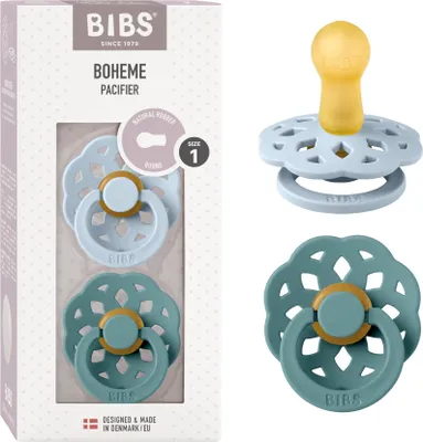 Produktbild von BIBS Boheme Schnuller 2er-Pack. BPA-frei, Kirschform Nippel. Naturkautschuk / Latex, Hergestellt in Dänemark. Größe 1 (0-6 Monate), Baby Blue / Island Sea
