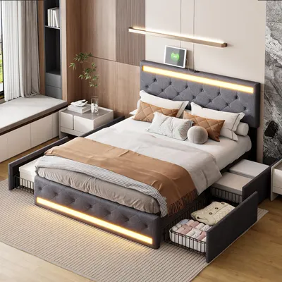 Obrázok produktu pre Manželská posteľ 160 x 200 cm s LED lamelovým roštom a úložným priestorom