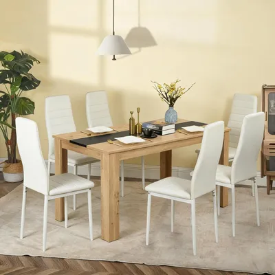 Obrázek produktu pro Stůl Essgruppe, 6 židlí, obdélníkový, materiál: MDF, potah: umělá kůže, barva: hnědá a bílá, rozměry: 140 x 70 cm