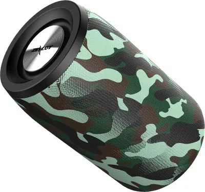 A portable speaker with a camouflage pattern.