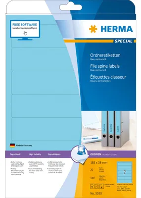 Image de Étiquettes pour classeurs HERMA, format A4, bleu, 192x38 mm, finition mate, non transparentes, lot de 140 pièces