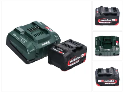 A Metabo battery charger and battery pack are shown on a white background, with additional product images displayed in smaller frames to the right.
