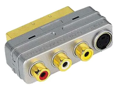 Produktbild von Transmedia Adapter; Scartstecker auf 3x Cinchkupplung + 4 pol. Hosidenkupplung, Cinch/Hosiden == Scart, V 49 iVHQ