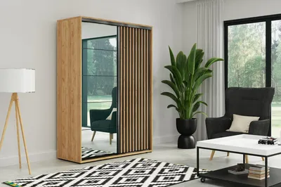 Produktbild von Liman Schiebeschrank mit Lamellen und Spiegel - Loft-Stil - 200 x 62 x 245 cm - Korpus Craft Gold, Fronten Schwarz