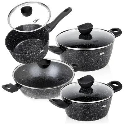 Produktbild von Vilde | Kochset 4-teilig - mit Glasdeckeln - Töpfe 1,1 / 2,2 / 3,6 L - Tiefe Pfanne 3,5 L - Antihaftbeschichtung - GRANITICA