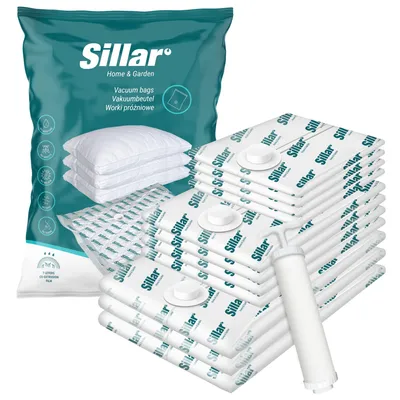 Image de Set de sacs à vide Sillar avec 11 pièces Dimensions : 40x60 60x80 70x100 + pompe | Set de sacs à vide pour le rangement des vêtements, de la literie